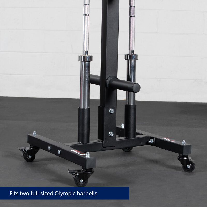 Fits two full-sized Olympic barbells for storage and transportation