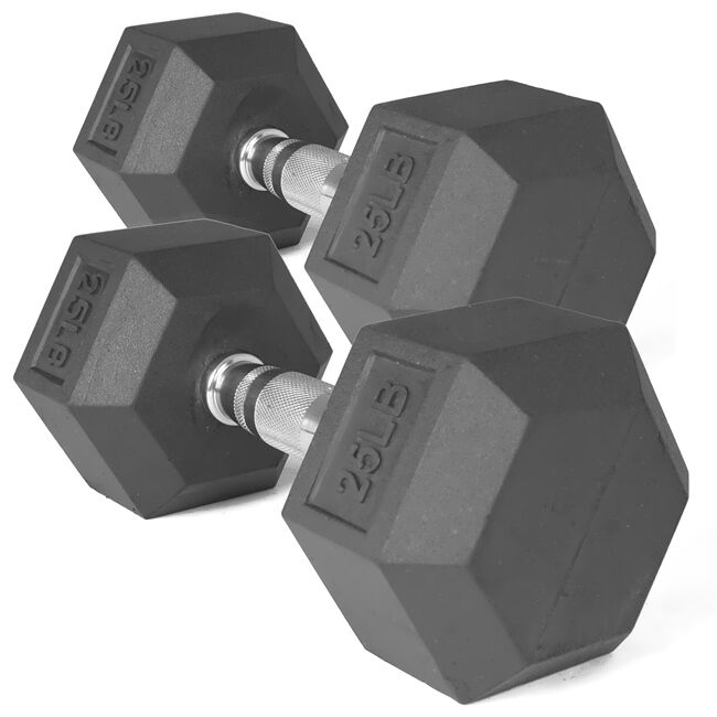 BRAND NEW 25LB PAIR OF ETHOS RUBBER  HEX DUMBBELLS WEIGHTS 